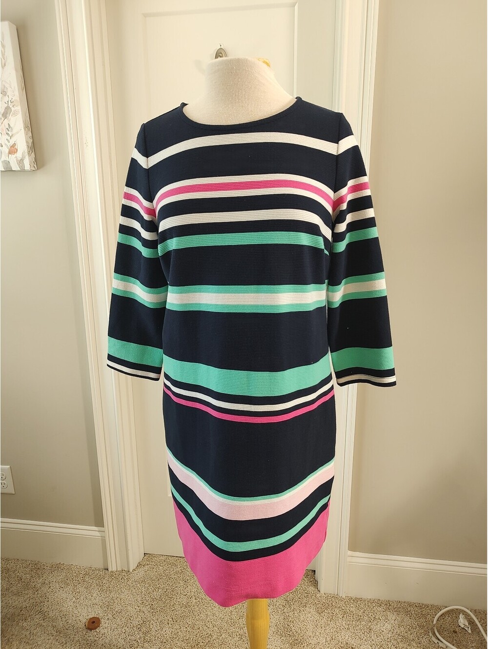 Crown and Ivy Navy Blue Striped Knit Dress 3/4 Sleeves, Back Zipper,